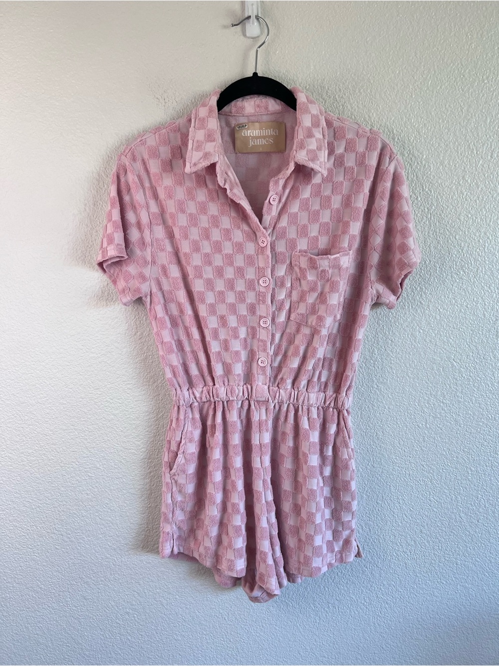 Araminta James Women's Pink Checkered Short Sleeve Terry Toweling Romper